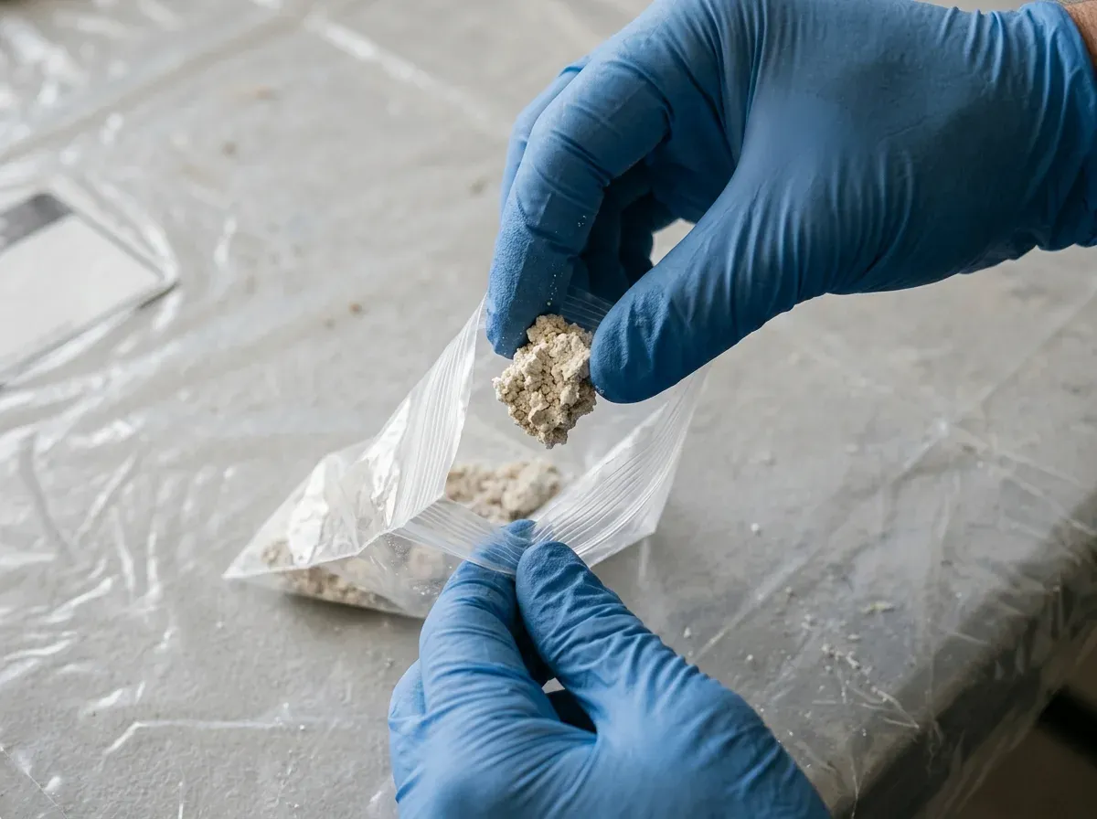 Gloved hand sealing a ceiling texture sample in a bag for lab testing