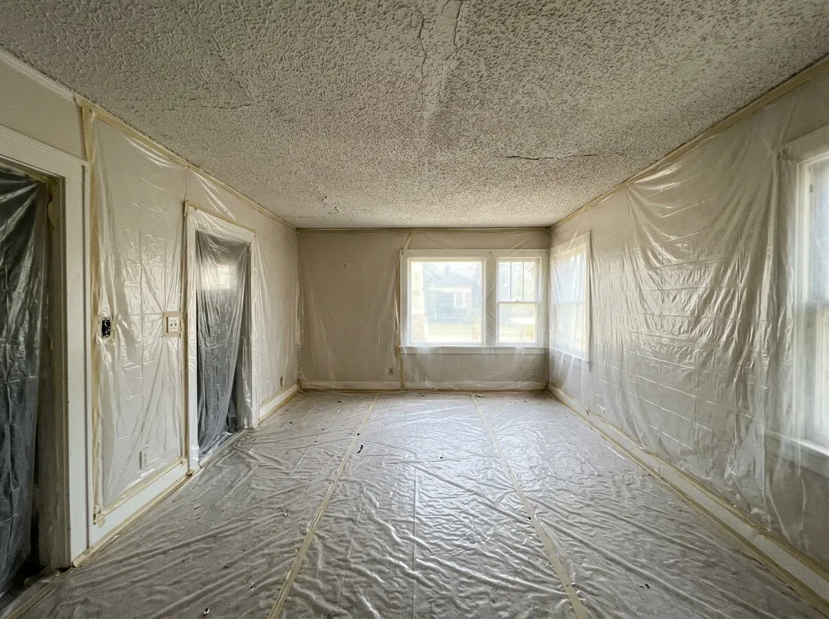 Room with floors and walls covered in plastic sheeting before ceiling work